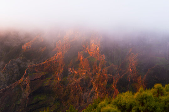 Beautiful sunrise colors in the coastal area of the Madeira island wilderness