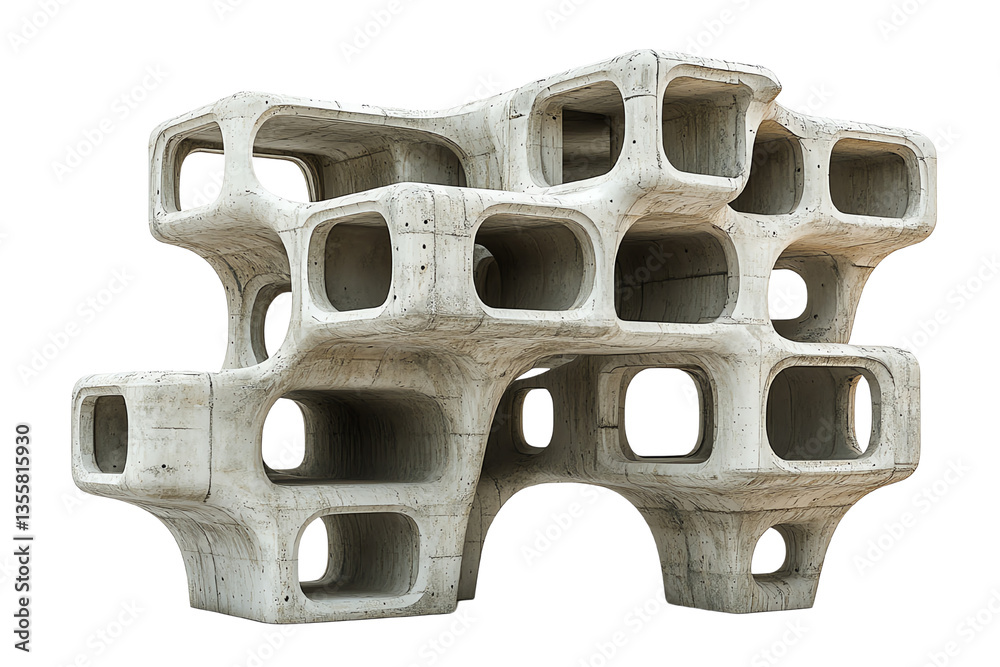 Poster modern architectural sculpture featuring unique geometric forms and cut-out sections.