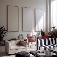 Minimalist open-plan office with industrial windows, sunlight-filled workspace, contemporary furniture, blank canvas wall, cozy seating, Scandinavian decor, professional coworking space, modern aesthe