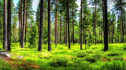 Fototapeta premium Serene Sunlight Dappled Pine Forest Lush Green Meadow Tranquil Nature Scene