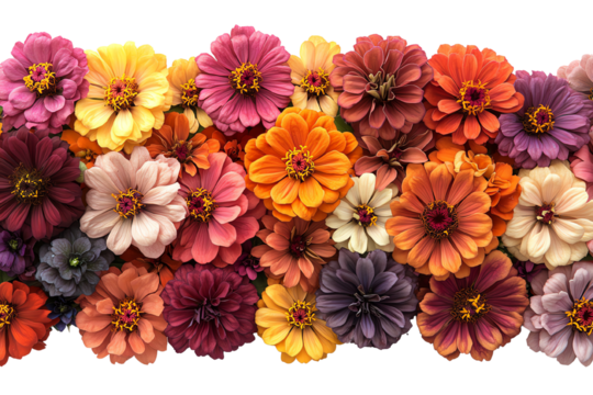 A vibrant array of multicolored flowers in full bloom against a white background.