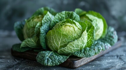 Fototapeta premium Fresh Green Savoy Cabbages Arranged on a Rustic Wooden Board, Perfect for Healthy Recipes.