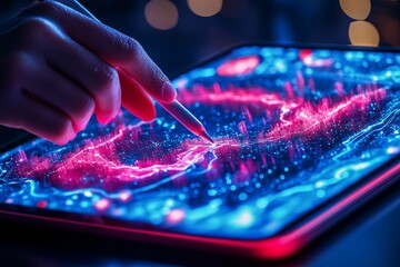A person uses a stylus on a tablet displaying colorful data