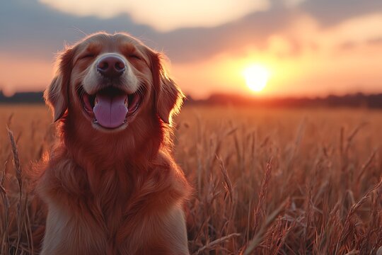 A happy golden retriever dog smiling in a field at sunset