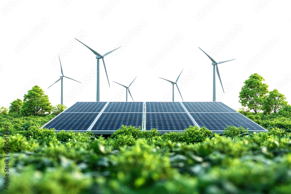 Poster renewable energy sources with wind turbines and solar panels surrounded by greenery.