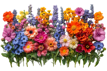 A vibrant assortment of colorful flowers in full bloom, showcasing various species and hues, perfect for floral arrangements.