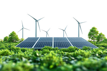 Renewable energy sources with wind turbines and solar panels surrounded by greenery.