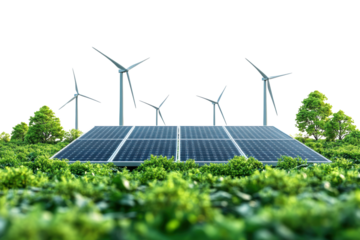 Renewable energy sources with wind turbines and solar panels surrounded by greenery.