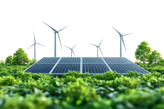 Renewable energy sources with wind turbines and solar panels surrounded by greenery.