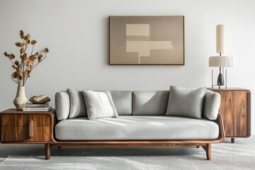 Modern living room sofa with wooden side table, abstract art, and dried flowers