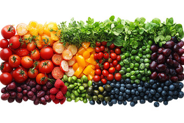 A vibrant assortment of fresh fruits and vegetables arranged in a colorful display, showcasing nature's bounty.