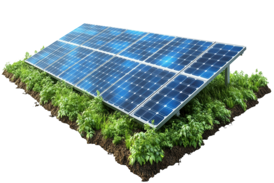 Solar panel installation surrounded by green vegetation, showcasing sustainable energy in harmony with nature.