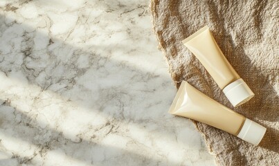 Two bottles of lotion are on a towel on a marble counter