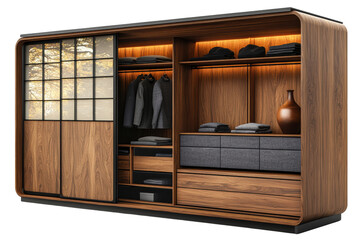 Stylish wooden wardrobe with modern design, featuring organized shelves and hanging space for a tidy appearance.