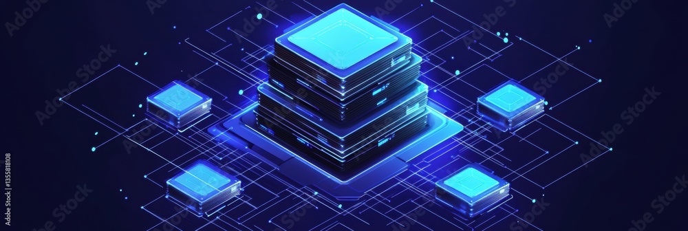 Fototapete Futuristic blockchain concept with layered paper cut style and glowing blue nodes in an interconnected digital network Generative AI