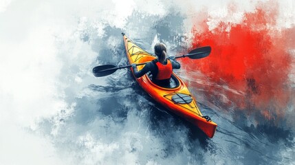 Fototapeta premium Woman paddling an orange kayak on water with a paddle