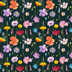 Floral seamless pattern with meadow flowers on a dark background, watercolor