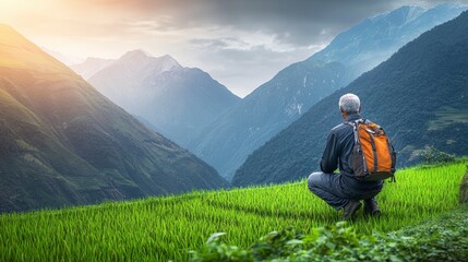 Fototapeta premium Man Hiking Rice Terraces Mountain Landscape Stunning View
