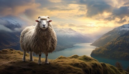 Obraz premium Sheep standing proudly on grassy hill, majestic mountainous valley backdrop, waterbody, stunning sunrise view