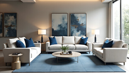 Elegant boucle furniture in a sophisticated interior featuring unique art pieces and subtle blue accents.