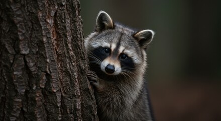 Obraz premium Raccoon Hidden Behind a Tree Trunk