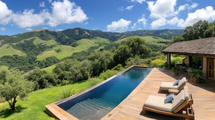 Naklejka premium Solar panels on a rustic farmhouse roof with rolling green hills in the background, sunny day