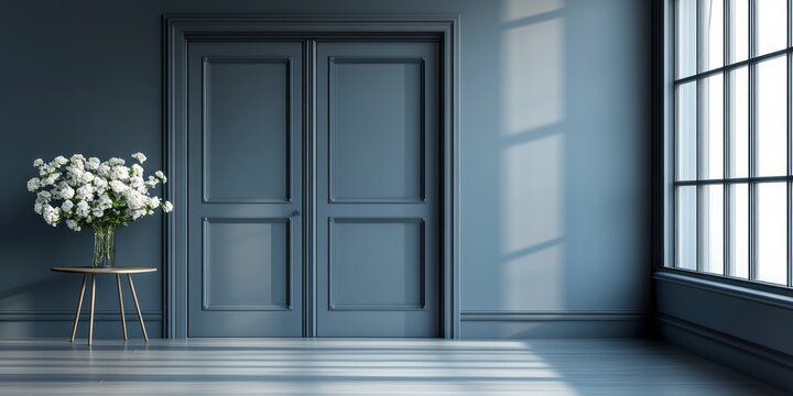 Elegant interior features blue wall double doors and white flowers