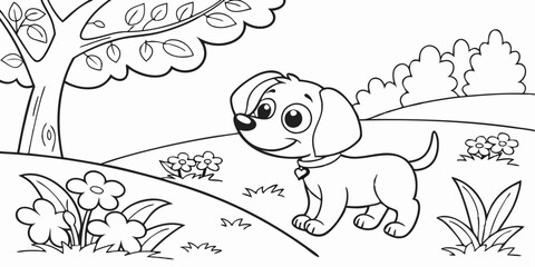 Cute Little Dog Coloring Page For Kids Printable. Puppy In Garden Cartoon Outline Vector. Animal Cartoon Illustration
