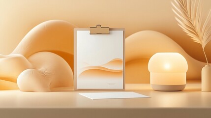 Fototapeta premium Beige aesthetic mockup with clipboard, card, lamp, and plant on a table.