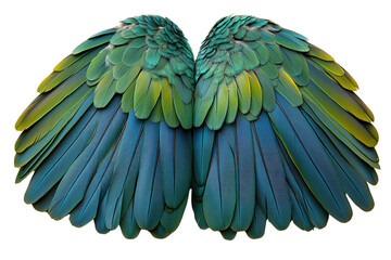 Fototapeta premium Vibrant green and blue feathers of bird wings, showcasing intricate details and textures on a white isolated background.
