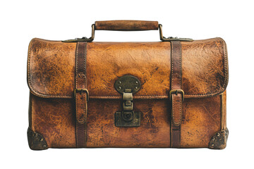 Vintage leather briefcase with a sturdy handle, isolated on a white background.