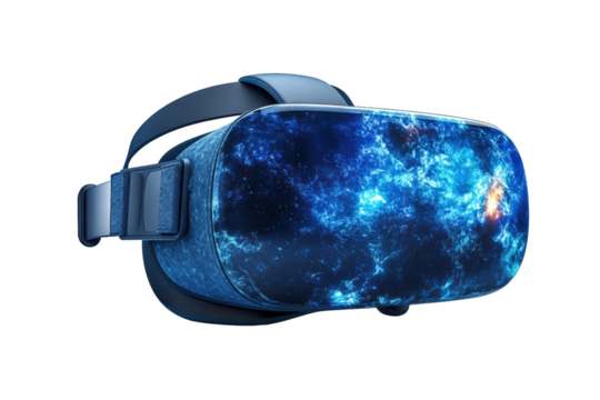 Virtual reality headset showcasing a cosmic galaxy view in vibrant blue tones, isolated on white background.