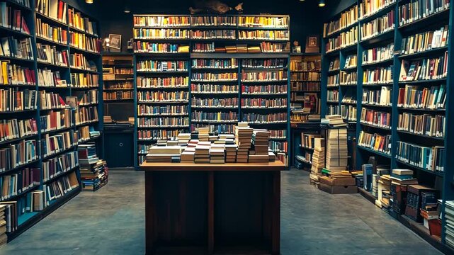 Bookshop interior, stacks of books, dim lighting, wooden shelves