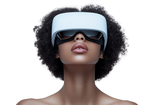 Woman wearing virtual reality headset, isolated on white background.