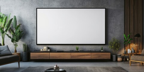 A large white wall with a black frame and a black television stand