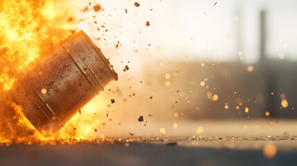 A gas tank explodes with a forceful eruption of fire and smoke, with bright orange and yellow flames consuming the metal structure. Shattered pieces of the tank fly outward, while thick black smoke
