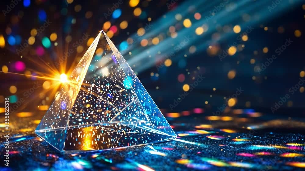 Poster prismatic light show: a mesmerizing crystal pyramid refracts and scatters light, creating a dynamic 