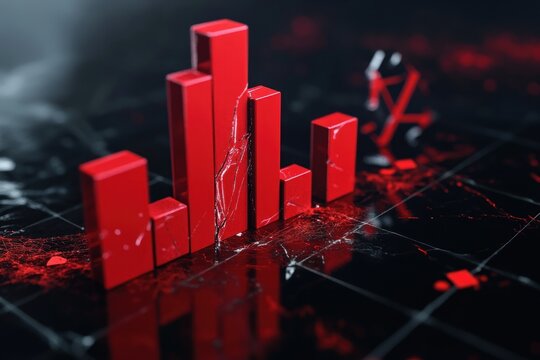 A photorealistic 3D render of a red declining bar graph, with a cracked economy symbol in the background.