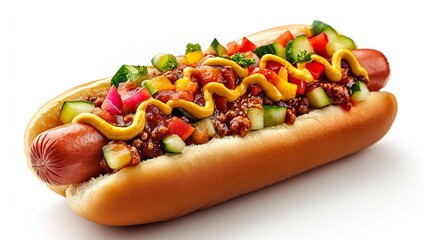 Delicious hot dog with chili, mustard, and fresh toppings.