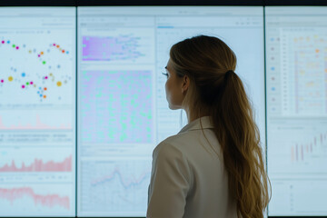 Female young Data Scientist Reviewing Reports Of Risk Management Department On Big Digital Screen In Monitoring Room
