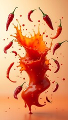 Fiery Red Hot Sauce Splashing in Mid-Air, Creating a Spicy, Explosive Burst of Flavor with Floating Chili Peppers	