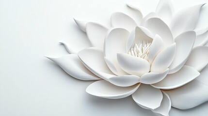 Close-up of a pristine white, sculpted lotus flower on a bright background.
