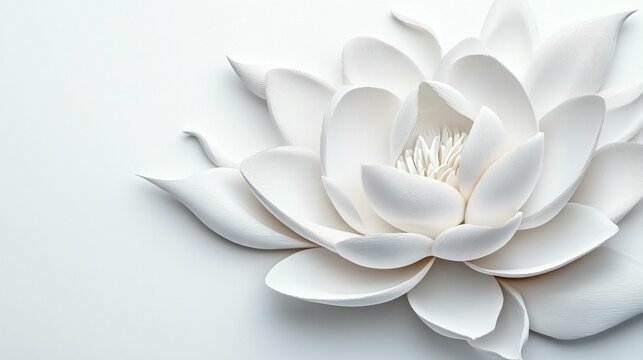 Close-up of a pristine white, sculpted lotus flower on a bright background.