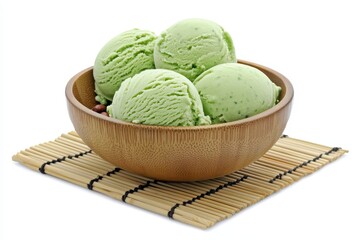 Fresh Mint Ice Cream Scoops in a Brown Wooden Bowl on a Bamboo Mat