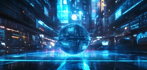 Futuristic cityscape at night with glowing sphere. Cyberpunk, technology, digital, AI, innovation concept. Perfect for sci-fi, tech, and futuristic projects.