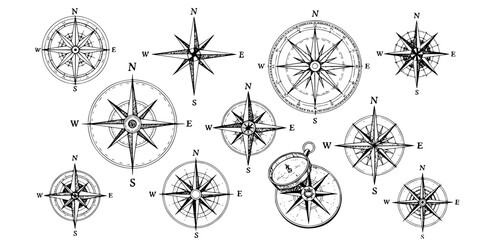 Wind rose. Map directions vintage compass. Ancient marine wind measure vector icons isolated. Isolated old sea or ocean navigation compass for ocean or marine retro cartography, boat or ship