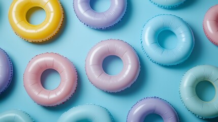 Pastel inflatable rings arranged on blue background.