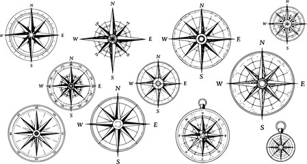 Wind rose. Map directions vintage compass. Ancient marine wind measure vector icons isolated. Isolated old sea or ocean navigation compass for ocean or marine retro cartography, boat or ship