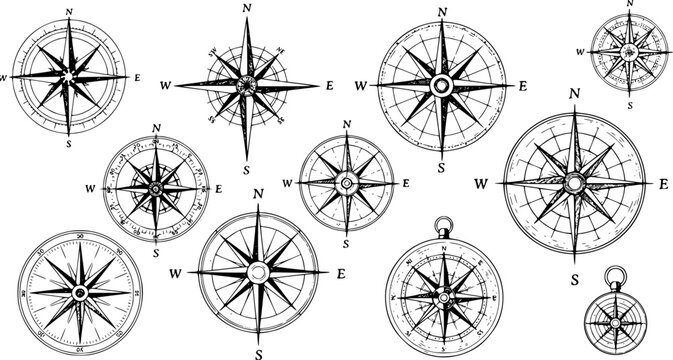 Wind rose. Map directions vintage compass. Ancient marine wind measure vector icons isolated. Isolated old sea or ocean navigation compass for ocean or marine retro cartography, boat or ship