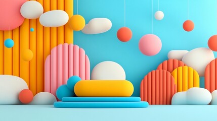 Colorful 3D rendered abstract background with geometric shapes, spheres, and platforms for product display or presentation.